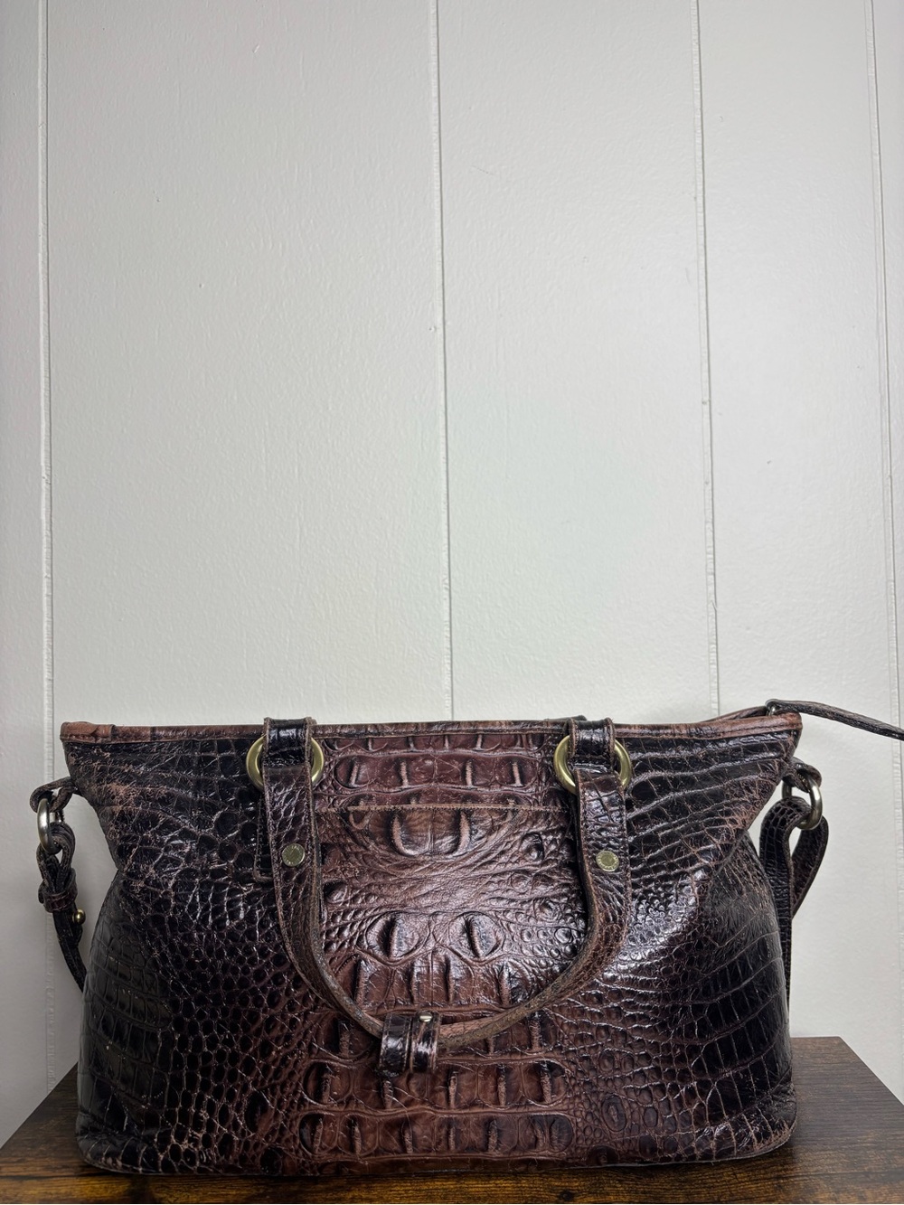 BRAHMIN ASHER SHOULDER PURSE BAG COCOA MELBOURNE LEATHER CROCODILE EMBOSSED - Picture 8 of 9